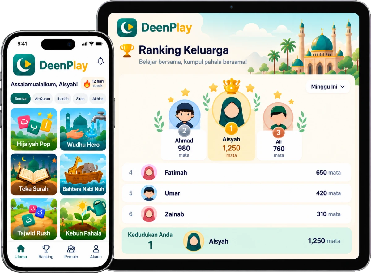 Mockup aplikasi DeenPlay di telefon dan tablet